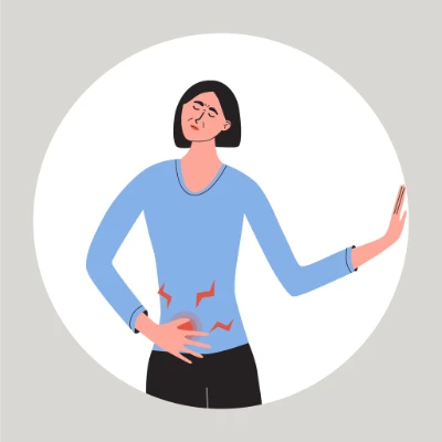 Ilustração de mulher sentindo dores na barriga